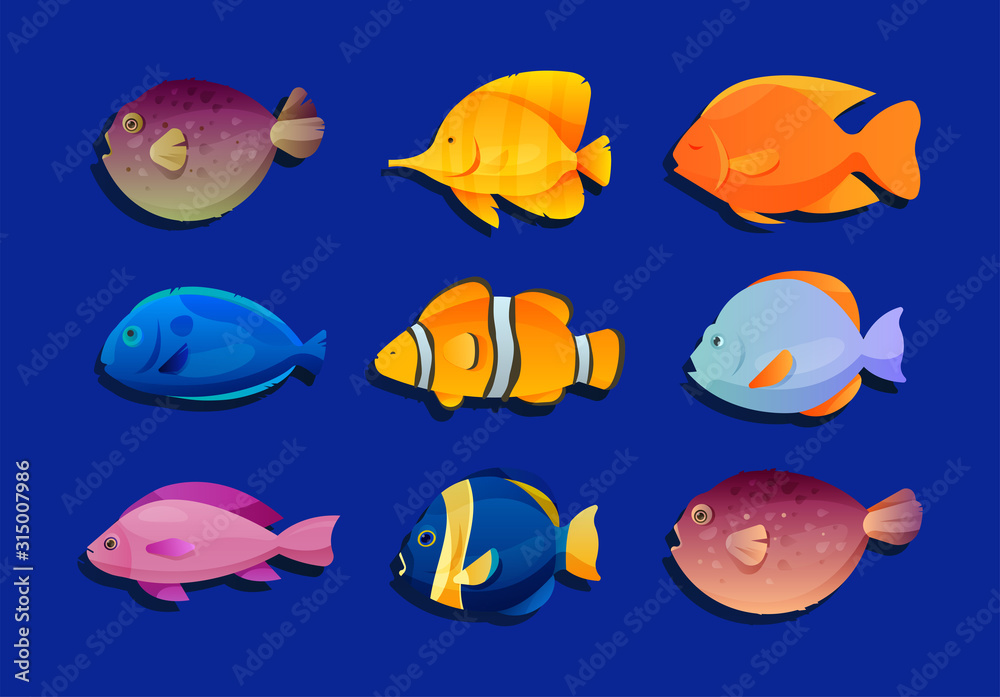 Naklejka premium Vector illustration of scene of underwater sea or ocean life with collection of bright fishes