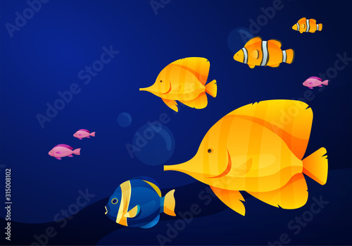 Vector illustration of scene of underwater sea or ocean life with collection of bright fishes