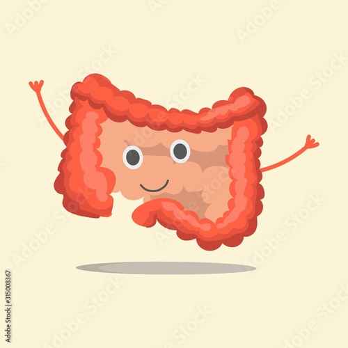 The internal organ guts of the human body, smolders, waves its hands. Vector illustration in eps10, graphic design. Colorful icon