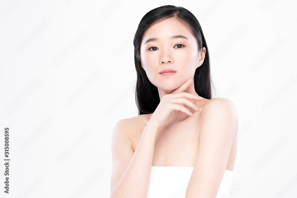 Portrait beautiful young asian woman clean fresh bare skin concept. Asian girl beauty face skincare and health wellness, Facial treatment, Perfect skin, Natural make up, on white background Portrait beautiful young asian woman clean fresh bare skin concept. Asian girl beauty face skincare and health wellness, Facial treatment, Perfect skin, Natural make up, on white background