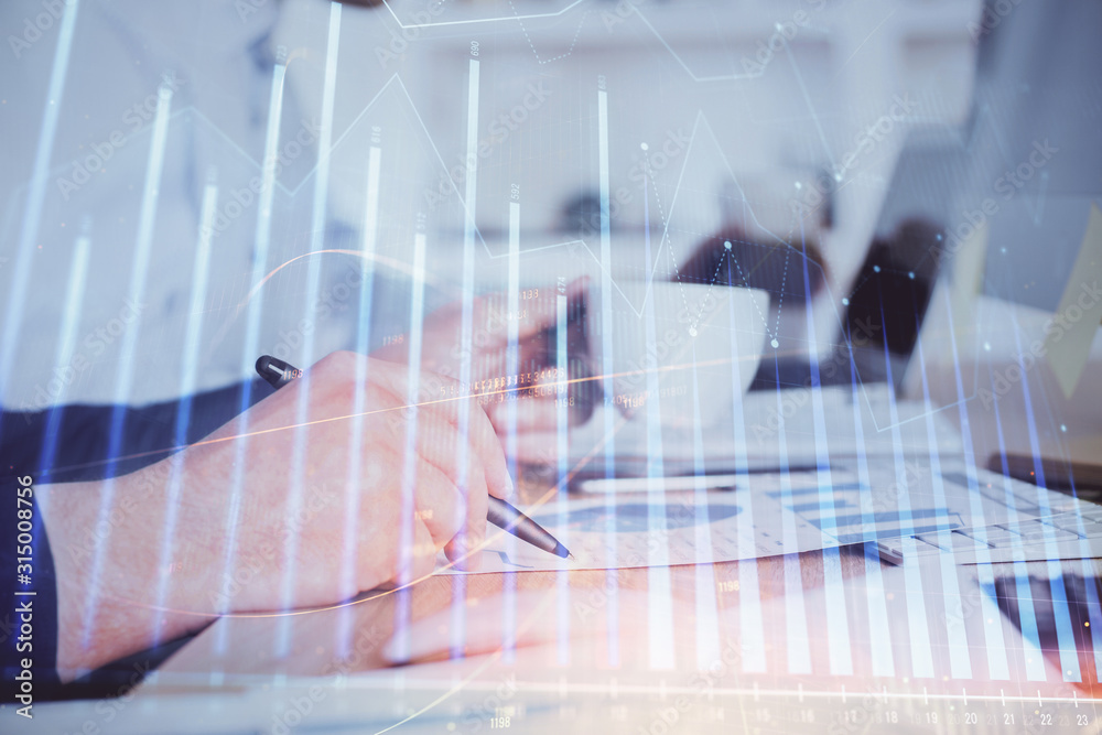 Double exposure hands with stock market chart. Double exposure hands with stock market chart.