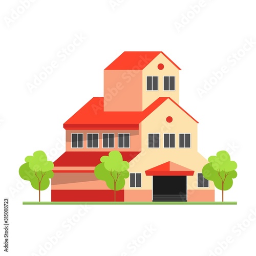 Icon residential bright home with chimney and canopy. Construction, cottage. Architecture concept. Vector illustration can be used in real estate, facade, residence, neighborhood.