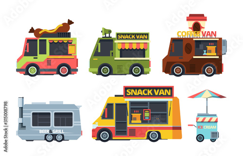 Food truck colorful flat vector illustrations set