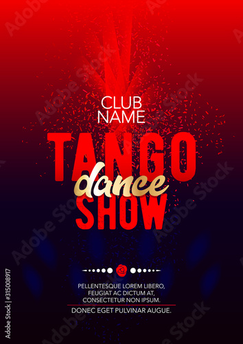 Vertical tango dance show template with bright background, color graphic elements and text. 