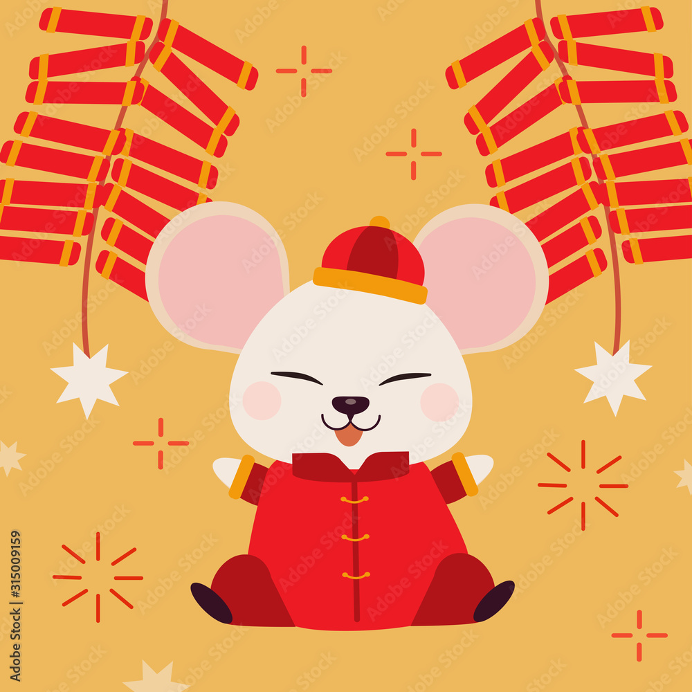 The character of cute mouse with fire creckers. The cute mouse sitting on the yellow background with fire creckers and fireworks. The character of cute mouse in flat vector style.