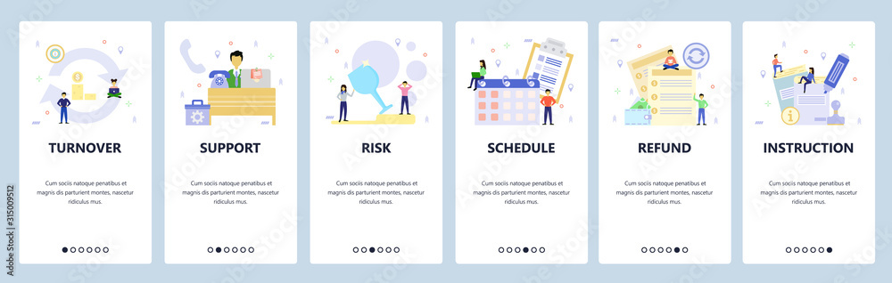 Mobile app onboarding screens. Business risk management, refund, calendar, call center, turnover. Menu vector banner template for website and mobile development. Web site design flat illustration Mobile app onboarding screens. Business risk management, refund, calendar, call center, turnover. Menu vector banner template for website and mobile development. Web site design flat illustration