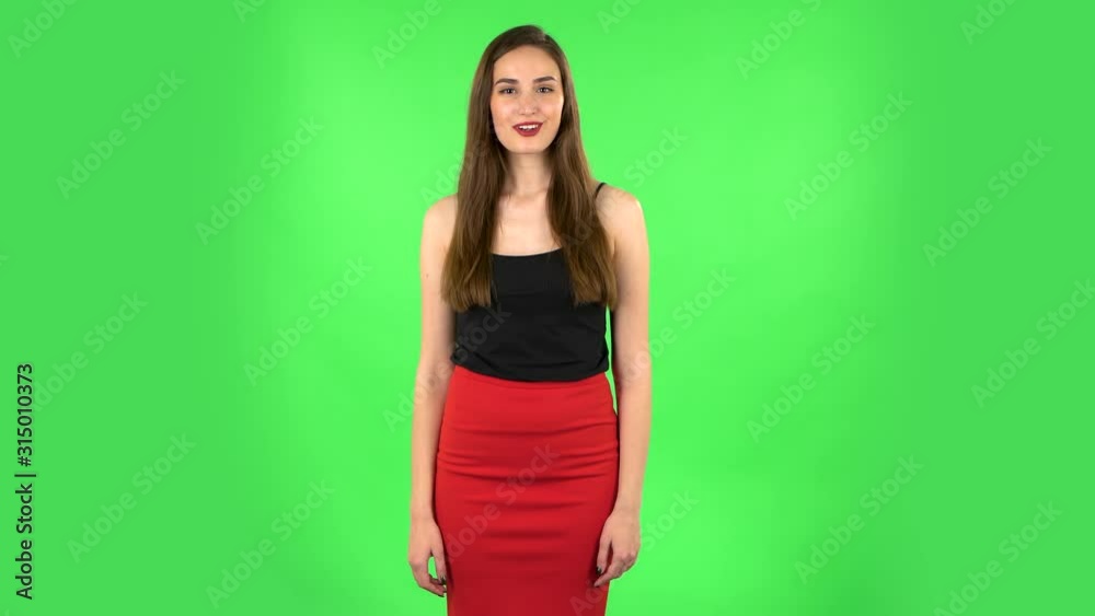 Girl says wow with smile. Green screen Girl says wow with smile. Green screen