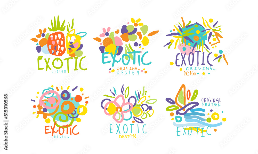 Exotic Original Design Labels Collection, Colorful Tropical Hand Drawn Badges Vector Illustration