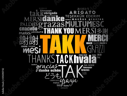 Takk (Thank You in Icelandic) love heart Word Cloud in different languages