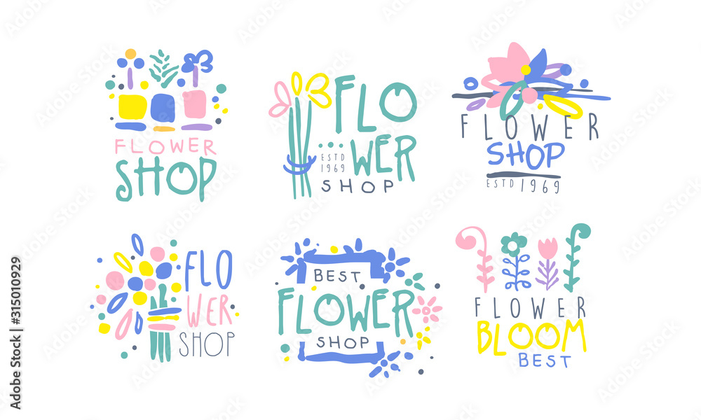 Best Flower Shop Retro Labels Collection, Colorful Hand Drawn Graphic Templates Vector Illustration
