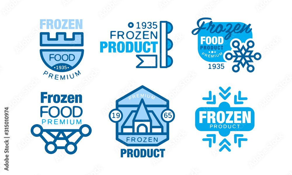 Frozen Food Labels Collection, Premium Product Blue Badges Vector Illustration