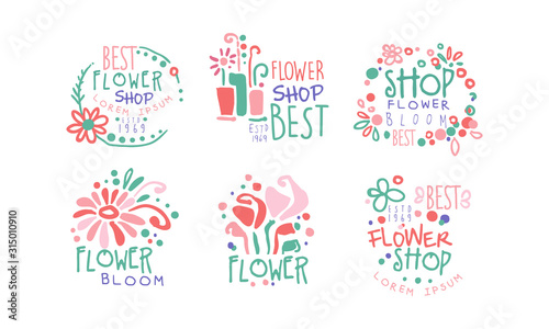 Best Flower Shop Retro Labels Collection  Colorful Hand Drawn Badges Vector Illustration