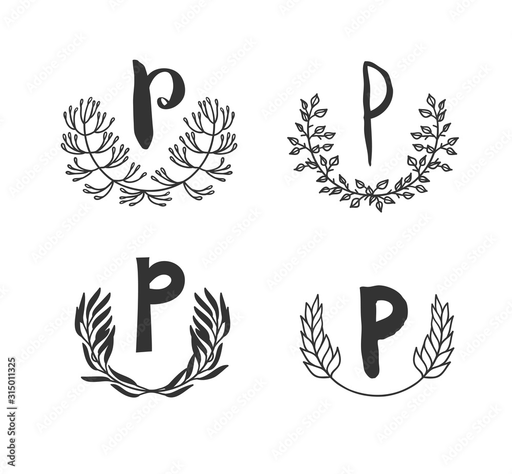 Hand drawn set of monogram objects for design use. Black Vector doodle flower on white background and Capital Letter P.  Abstract pencil boho drawing twig. Artistic illustration elements plant