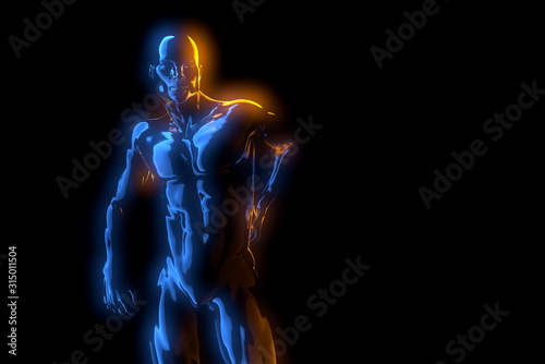 Male torso, pain in the back isolated on black background. 3d rendered medical illustration