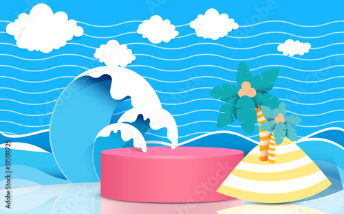 pink podium with the beach background