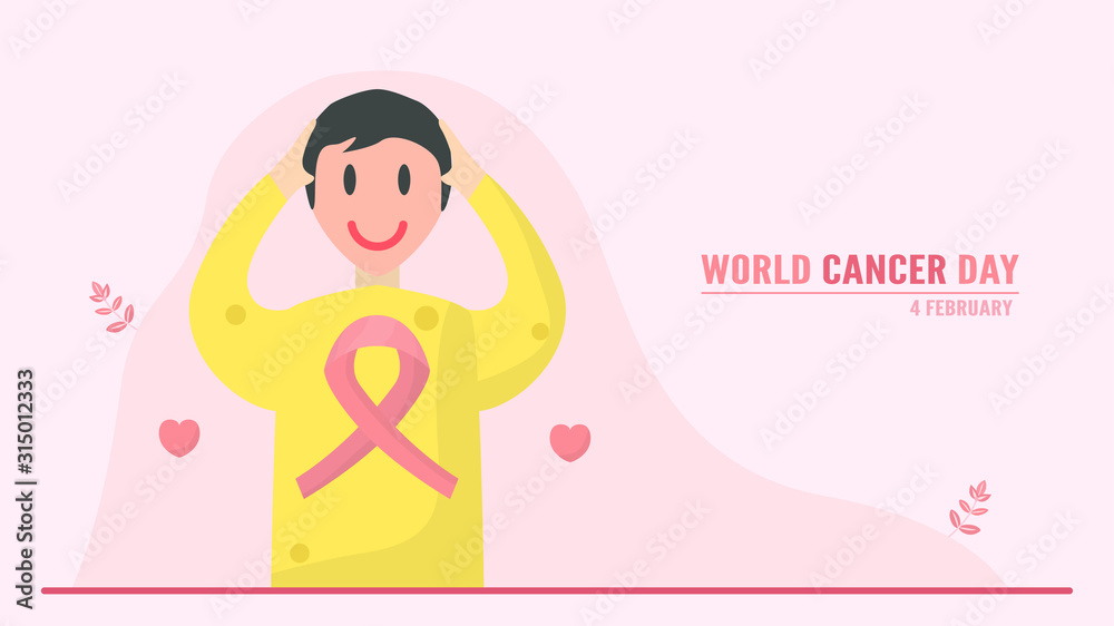Vector illustration about World Cancer Day. People have to be raising awareness and education about this disease. The sign of this day is pink ribbon. Vector illustration about World Cancer Day. People have to be raising awareness and education about this disease. The sign of this day is pink ribbon.