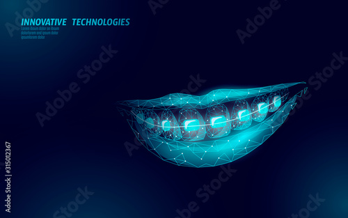 3D orthodontic braces. Wonam smile tooth trainer. Dental theatment heath care medical banner. Low poly design dentist correction fix vector illustration