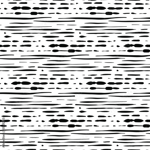 Monochrome seamless pattern. Black grunge lines, dots on white background. Abstract uneven ornament, hand drawn texture