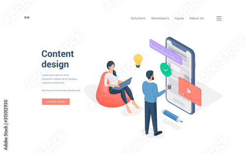 People working with content design isometric vector illustration