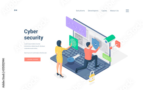 Isometric man and woman submitting fingerprint scan man putting protection shield on data of laptop vector illustration