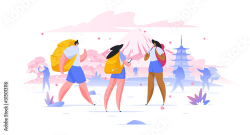 Sightseeing holiday in Asia flat vector illustration travelers with baggage
