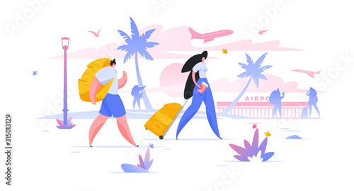 Tourists with luggage flat vector illustration summer vacation, honeymoon holiday