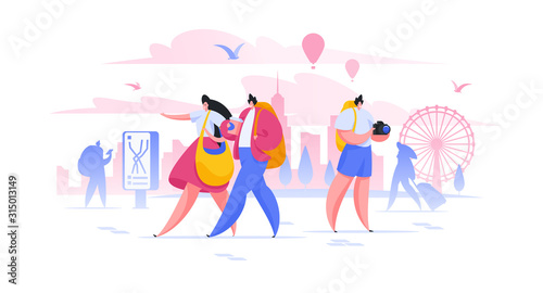 Tourists exploring foreign country flat vector illustration