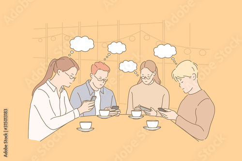 Communication, thought bubble, addiction, business, teamwork concept. Young people have business meeting. Teamwork teenagers prefer communicate online. Addiction to social media is desease flat vector