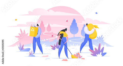 Voluntary service workers cleaning wild nature area together flat vector illustration