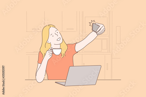 Social media, addiction, selfie, technology concept. Happy woman blogger is taking selfies to share them in social media. Young girl is addicted to social media and technologies. Simple flat vector