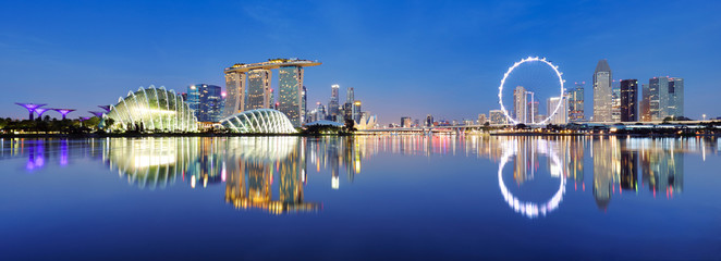 Panoramic image of Singapore skyline at night.