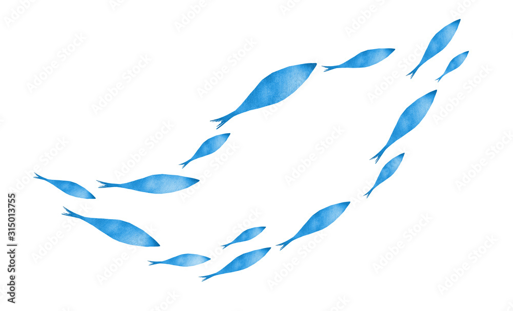 Obraz premium Silhouettes of groups of fishes on white. Watercolor