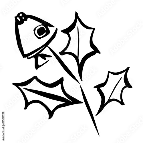 節分 柊と鰯 墨絵 筆書き（白黒 線画）