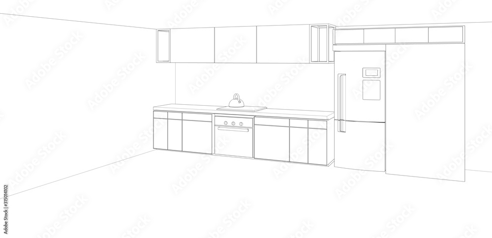 modern kitchen design sketch, 3d rendering modern kitchen design sketch, 3d rendering