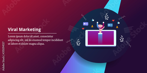 Inbound marketing strategy for viral content promotion, hand holding magnet on mobile phone screen, web banner template for social media, presentation.