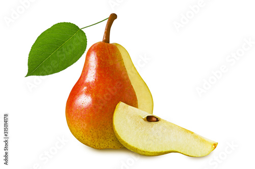 Pear ripe juicy red yellow fruit with slice and green leaf isolated on white background