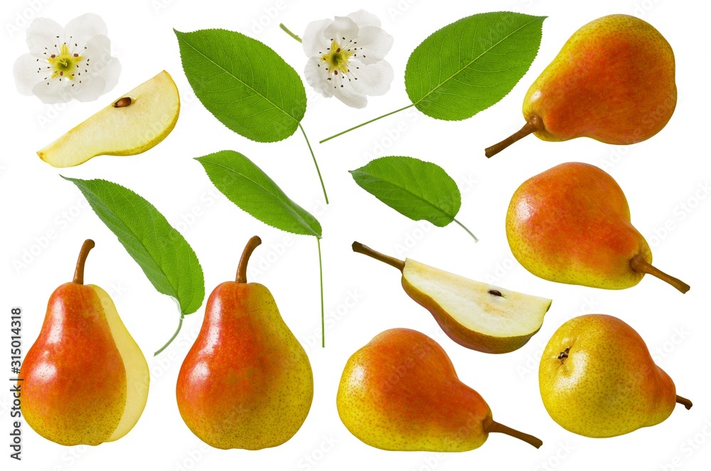 Pear fruit isolated. Set of red yellow ripe juicy whole pears with green leaf and cut into slices isolated on white background Pear fruit isolated. Set of red yellow ripe juicy whole pears with green leaf and cut into slices isolated on white background