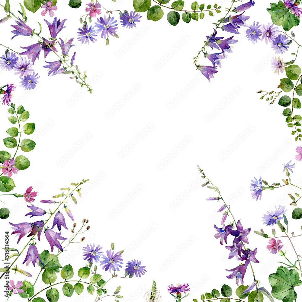Background of watercolor blue and pink wild flowers Background of watercolor blue and pink wild flowers