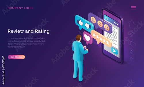 Review and rating isometric landing page. Customer stand at huge smartphone screen leaving feedback and put stars in mobile app. Clients evaluate service technology. 3d vector illustration, web banner