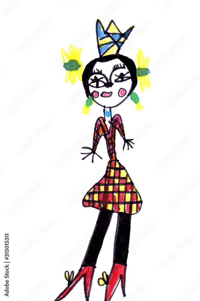 child's drawing of a girl in a plaid dress and a crown with big legs in red boots child's drawing of a girl in a plaid dress and a crown with big legs in red boots