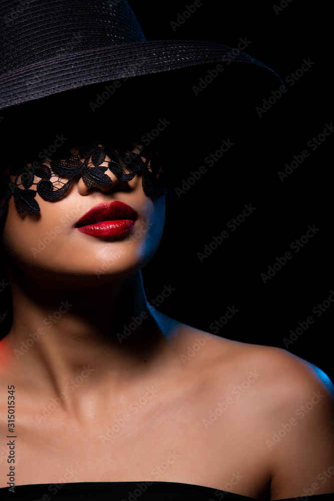 Young tanned skin Woman wear Hat Lace covers eyes with Red Lipstick Sexy  Lips, Girl feels very hot lover and mysterious look in spot lighting black  background. Collage group difference feeling Photos
