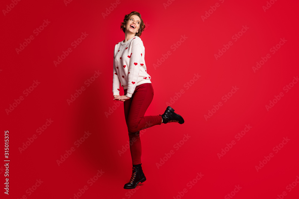 Full length body size view of her she nice attractive lovely charming pretty cute cheerful cheery glad girl posing having fun wearing festal look isolated on bright vivid shine vibrant red color Full length body size view of her she nice attractive lovely charming pretty cute cheerful cheery glad girl posing having fun wearing festal look isolated on bright vivid shine vibrant red color