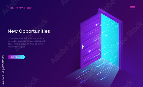 New opportunities isometric landing page. Binary digital code coming through open door on neon glowing futuristic background. New technologies coming to human life, high-tech 3d vector illustration