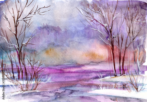 watercolor winter landscape with trees and snow