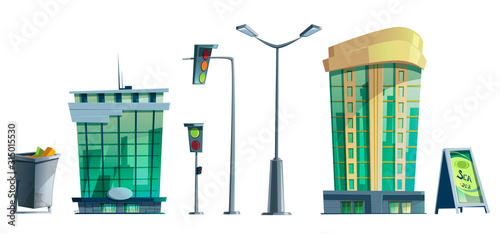 Modern city office buildings, traffic lights, street light, trash bin and advertising banner. Vector cartoon set of elements of cityscape, business architecture isolated on white background