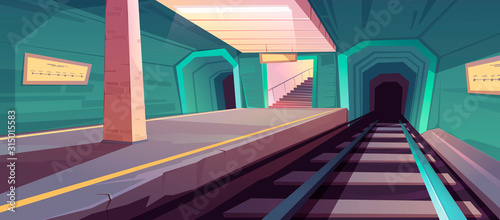 Metro station, empty subway platform, underground tunnel for train. Vector cartoon illustration of subway interior with railway for public electric transport, platform, map on wall and stairs