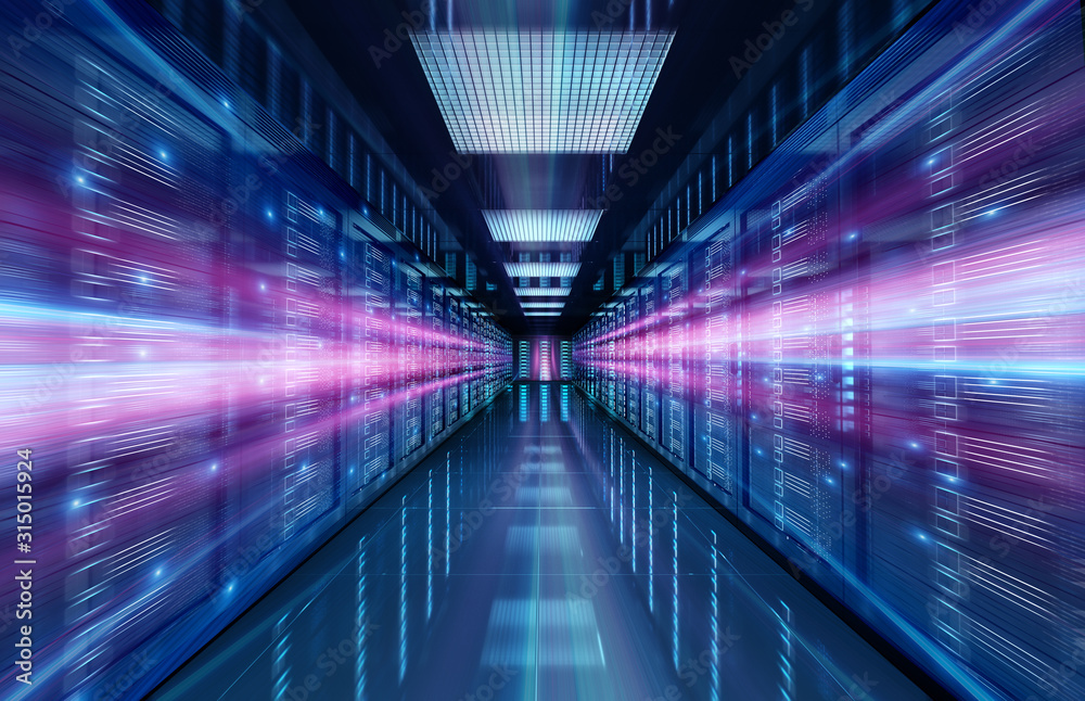 Servers data center room with bright speed light through the corridor 3D rendering Servers data center room with bright speed light through the corridor 3D rendering