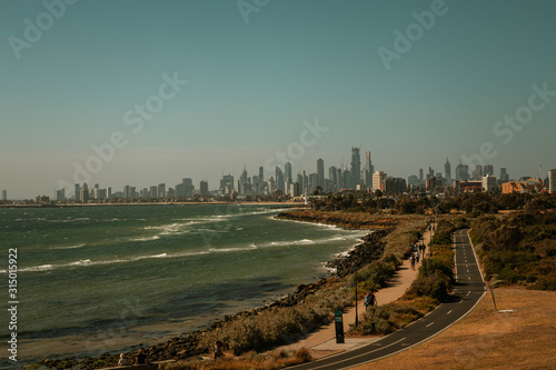 Scenic coastline around the beautiful skyline of Melbourne