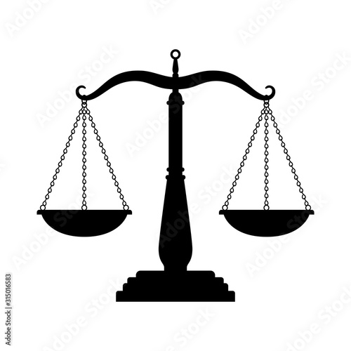 Balance scales black icon. Judge scale silhouette image, trading weight and law court symbol vector illustration, black truth balancing elements on white background