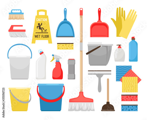 Householding cleaning tools. Housekeeping tool icons for home and office cleaning, bucket and foam, detergent bottles and washing supplies, sweeping brush and bucket vector illustration